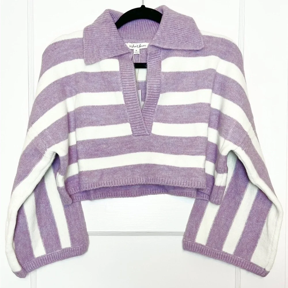 NWT LOVE LEMONS 90s Lavender Stripe V-Neck Oversized Soft Knit Cropped Sweater L